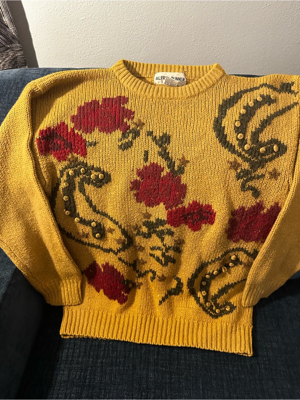 Alfred Dunner Mustard Yellow Crewneck Sweater with Red Floral & Olive Paisley